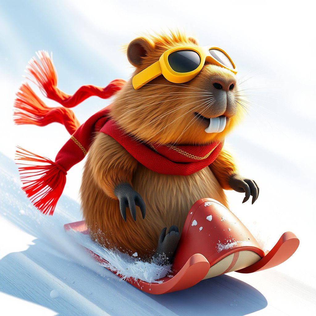 Capybara's Snowy Sled Ride: Pixar-Style Character Art