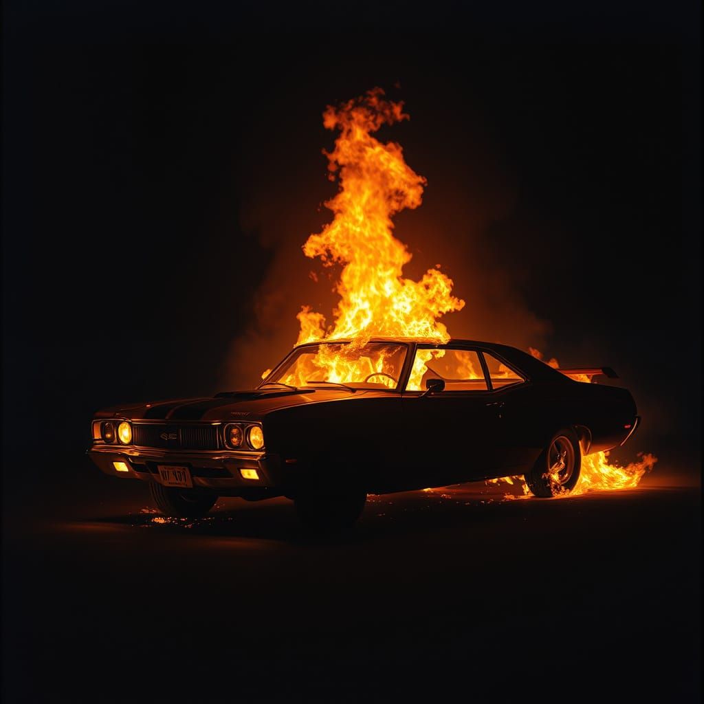 Epic Inferno: A Blazing Car in a Dark, Cinematic Scene