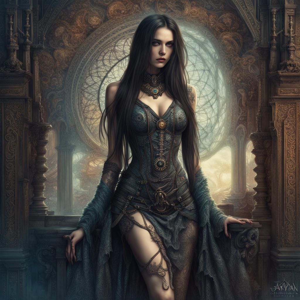 Steampunk, cyberpunk, gothic, tantric maiden.