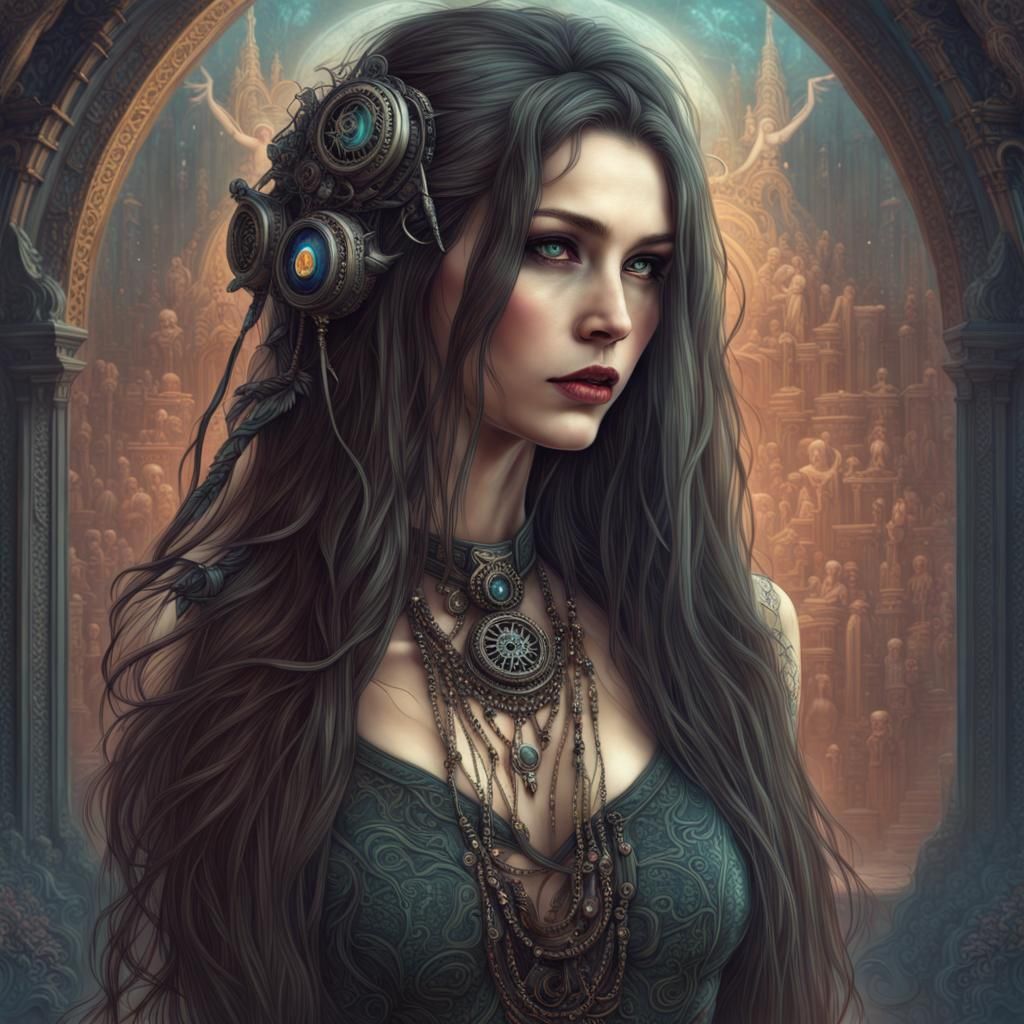 Steampunk, cyberpunk, gothic, tantric maiden.