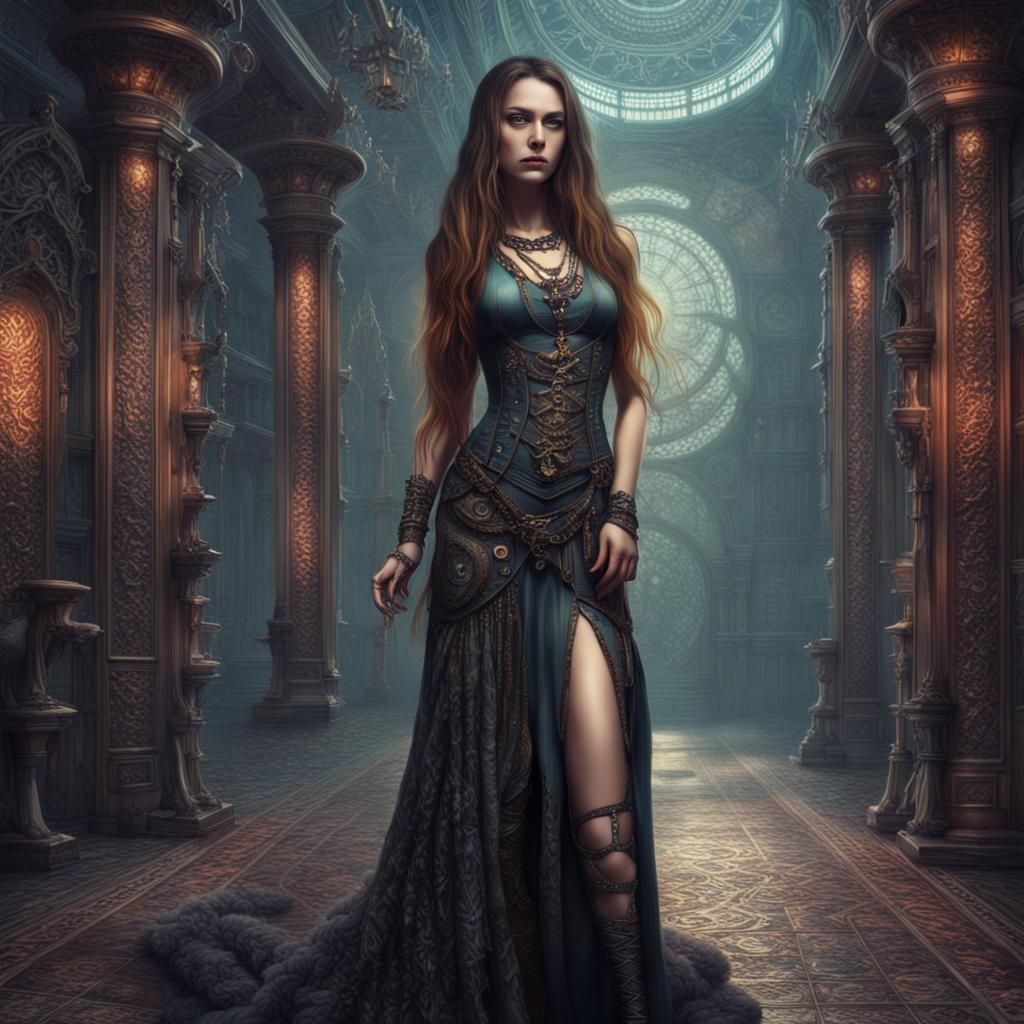 Steampunk, cyberpunk, gothic, tantric maiden.