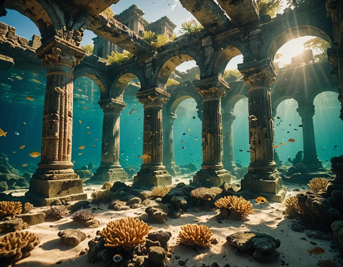 Sunlit Underwater Ruins with Coral Reefs