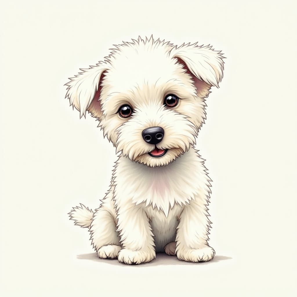 Whimsical White Westie-Poodle Portrait in Colored Pencil