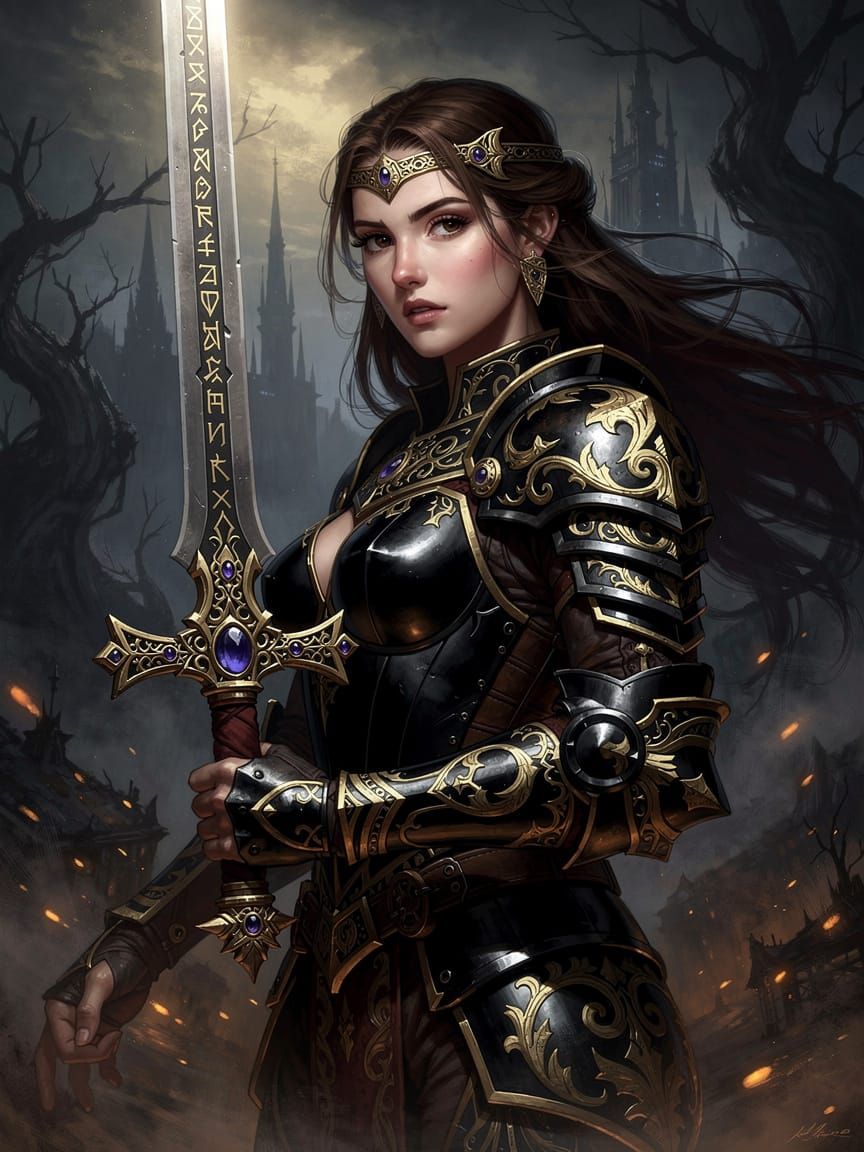 Warrior Woman with Ornate Sword in Dark Fantasy Style