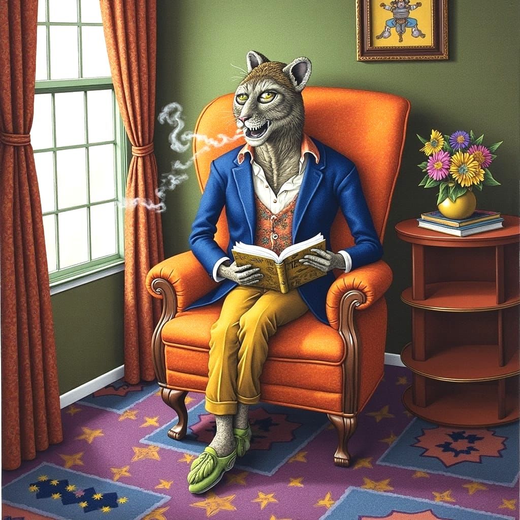 Psychedelic Cat in a Smoky Study