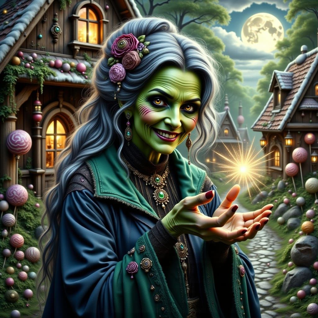 Whimsical Witch in Vibrant, Futuristic Gothic Style