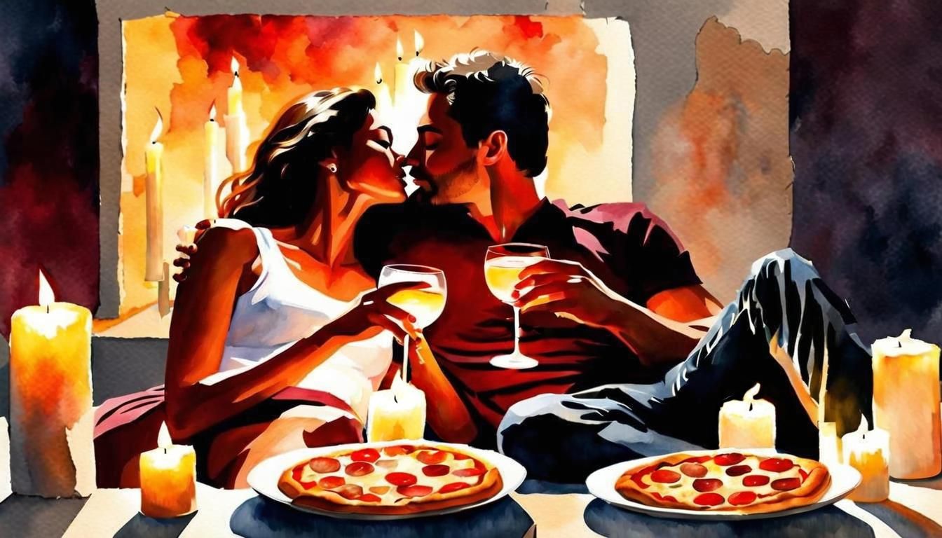 Romantic First Dinner in New Home, Watercolor Style