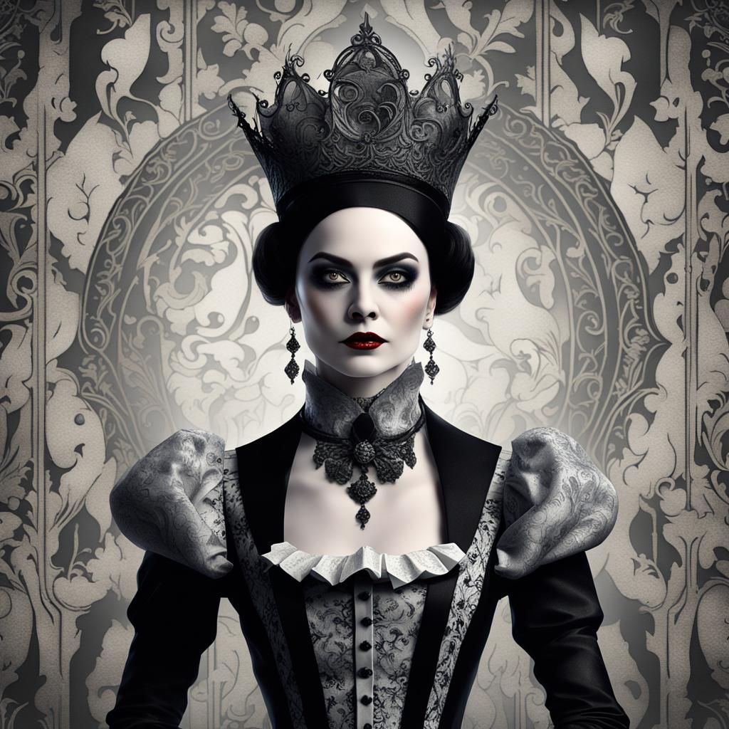 Gothic Spooky Halloween version of a 40 year old Wednesday Adams queen of spades in an elegant and intricate gothic cost...