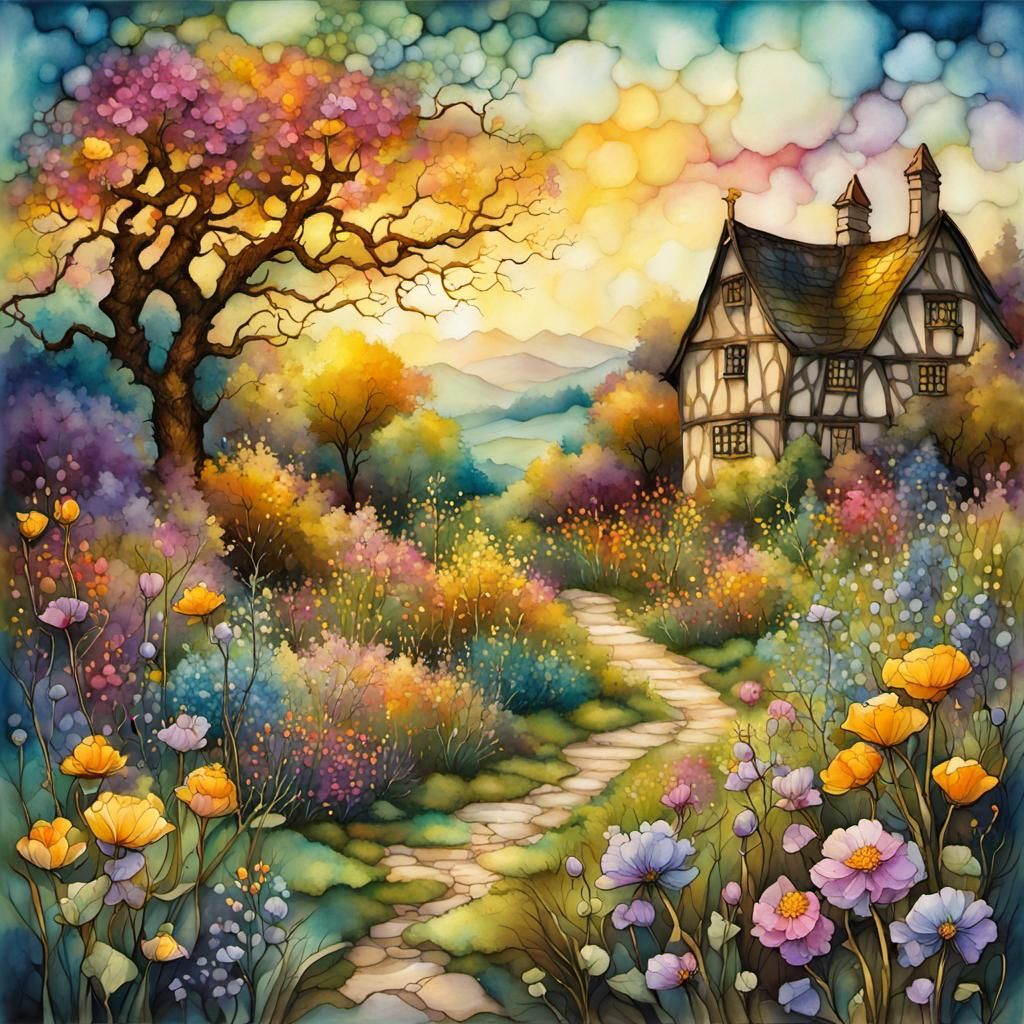 Springtime Garden with Wildflowers in Alcohol Ink