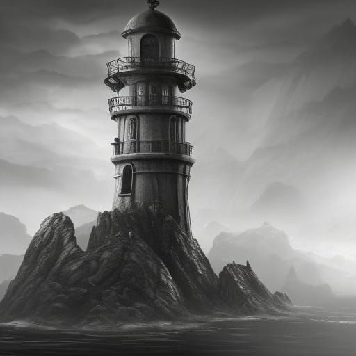 Gothic Lighthouse in Grayscale: Detailed Matte Painting