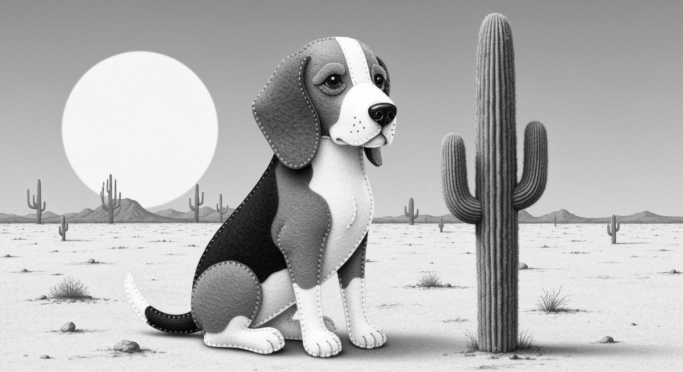 Felt Beagle in Desert Landscape: High-Contrast Photo