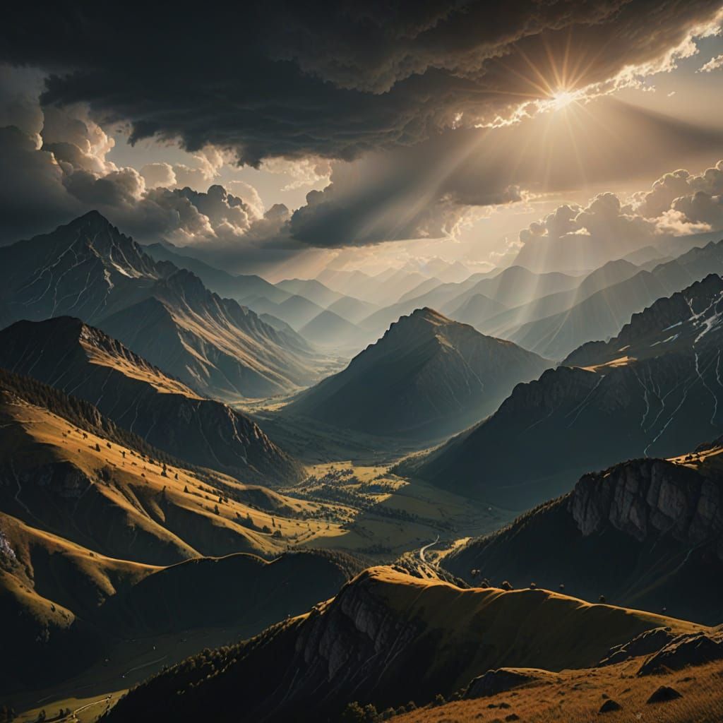 Sunshine Over Majestic Mountains in Cinematic Style