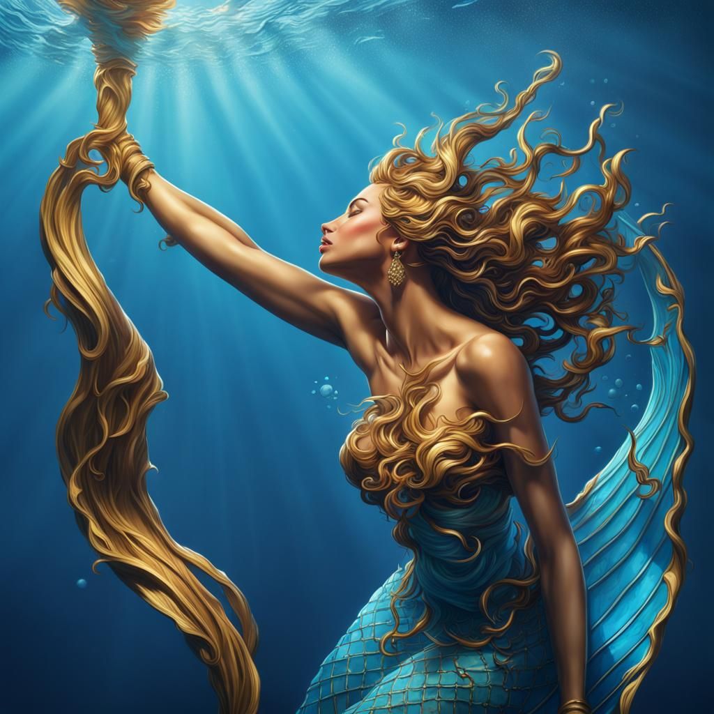 Golden Mermaid Necklace on Ocean Blue