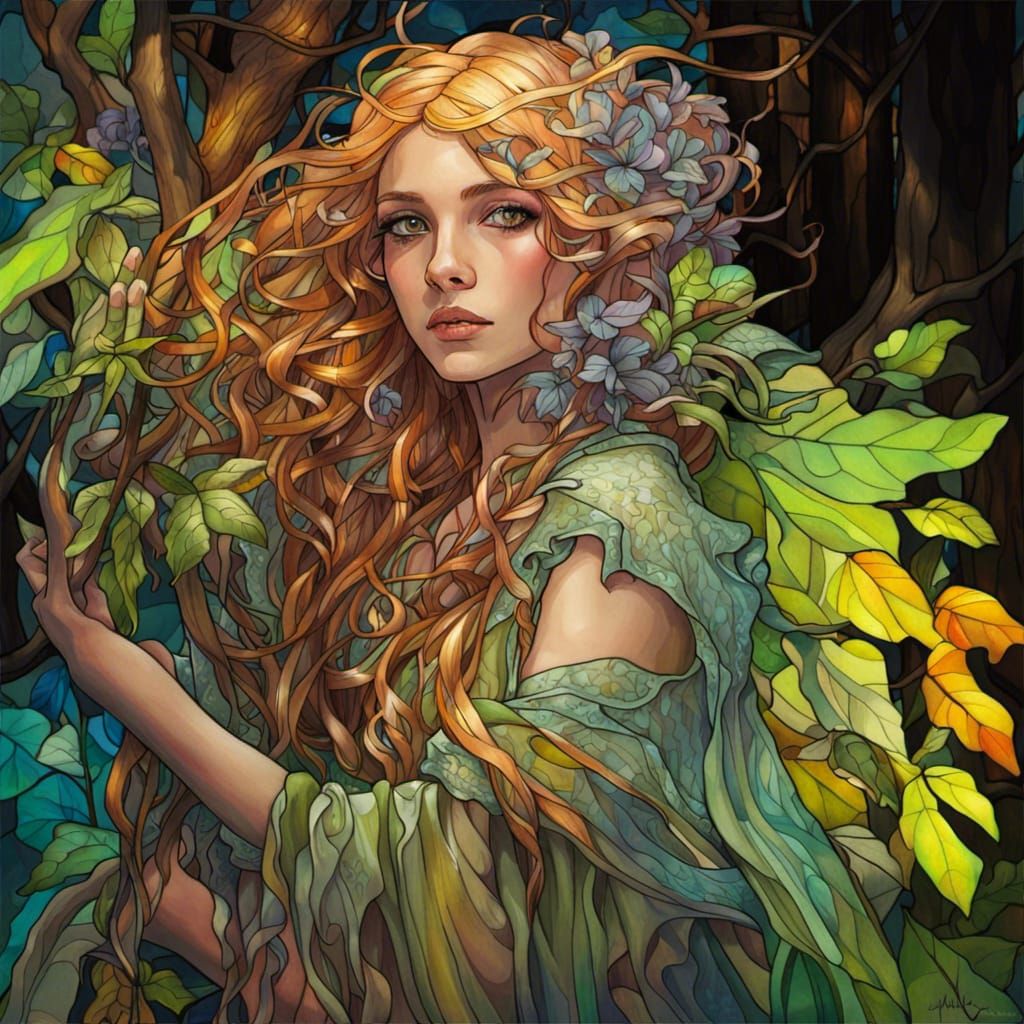 Forest Fairy Queen in Stained Glass Style