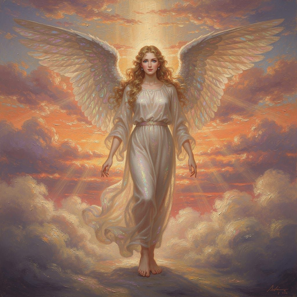 Angel with Golden Hair and Blue Eyes in Celestial Sunset