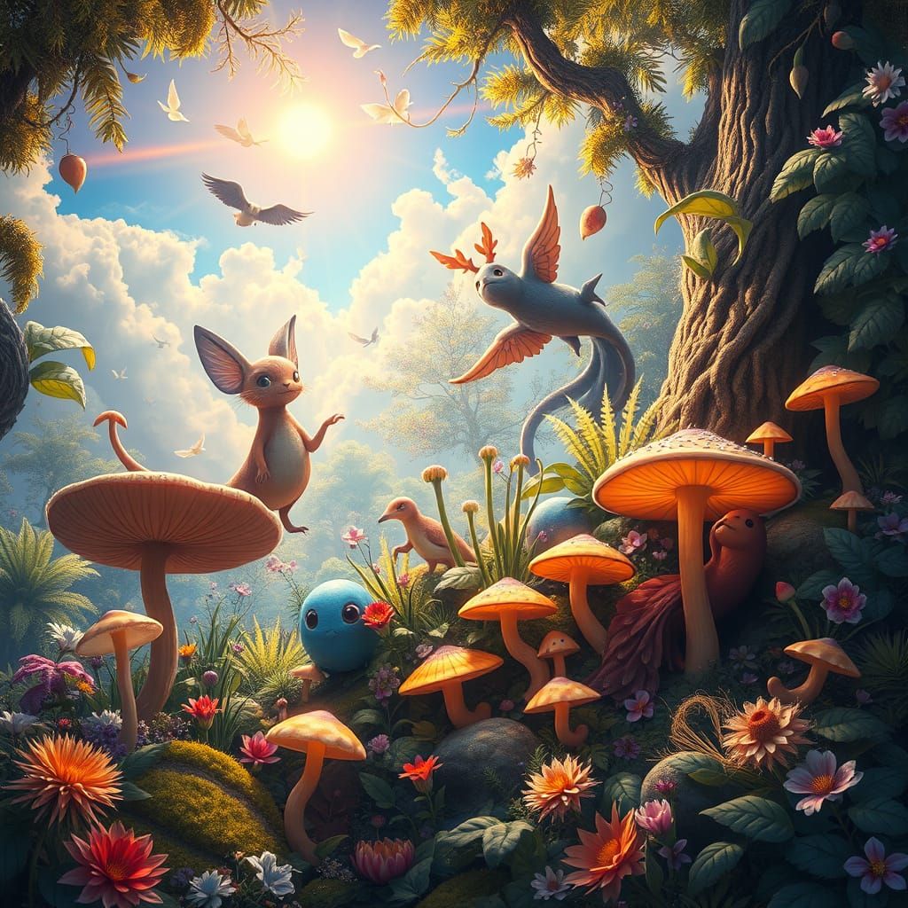 Whimsical Creatures in a Vibrant, Mystical Forest