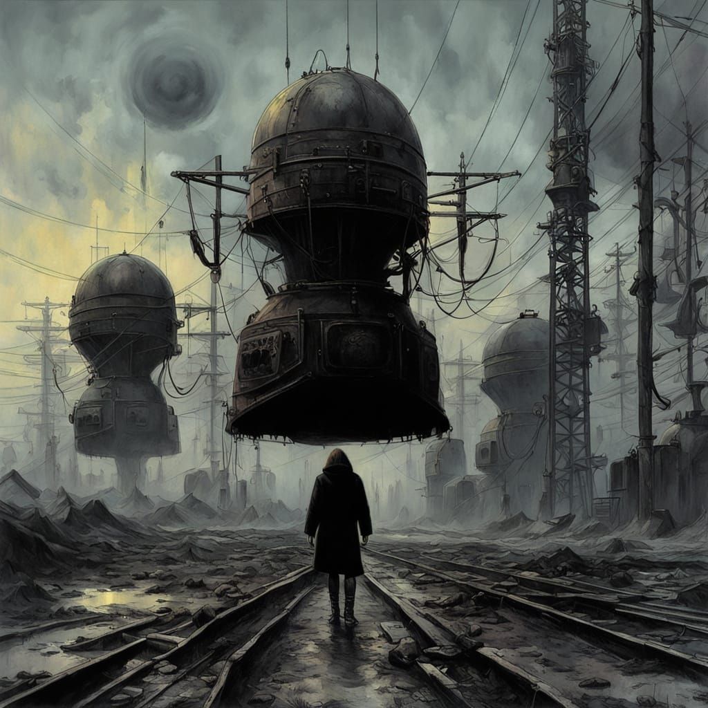 Goth Fashion Model Amidst Dystopian Ruins in Grainy Black an...