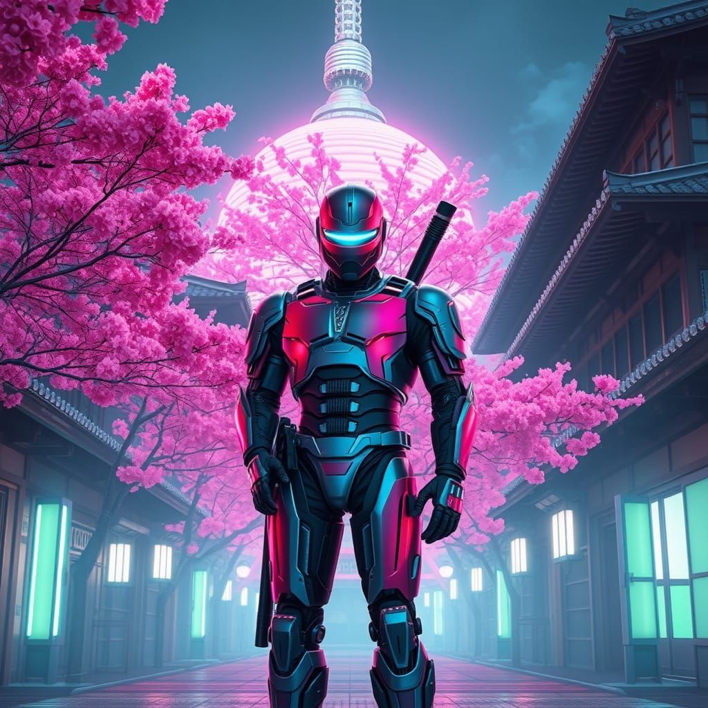 Cyborg Ninja in Futuristic Japanese Landscape with Neon Ligh...