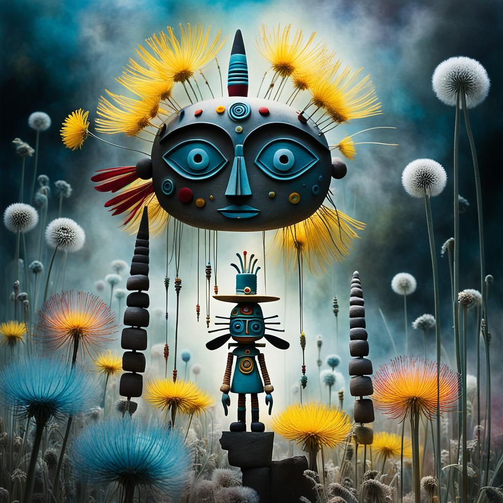 Kachina in Surreal Dandelion Dreamscape, Blended Art Styles
