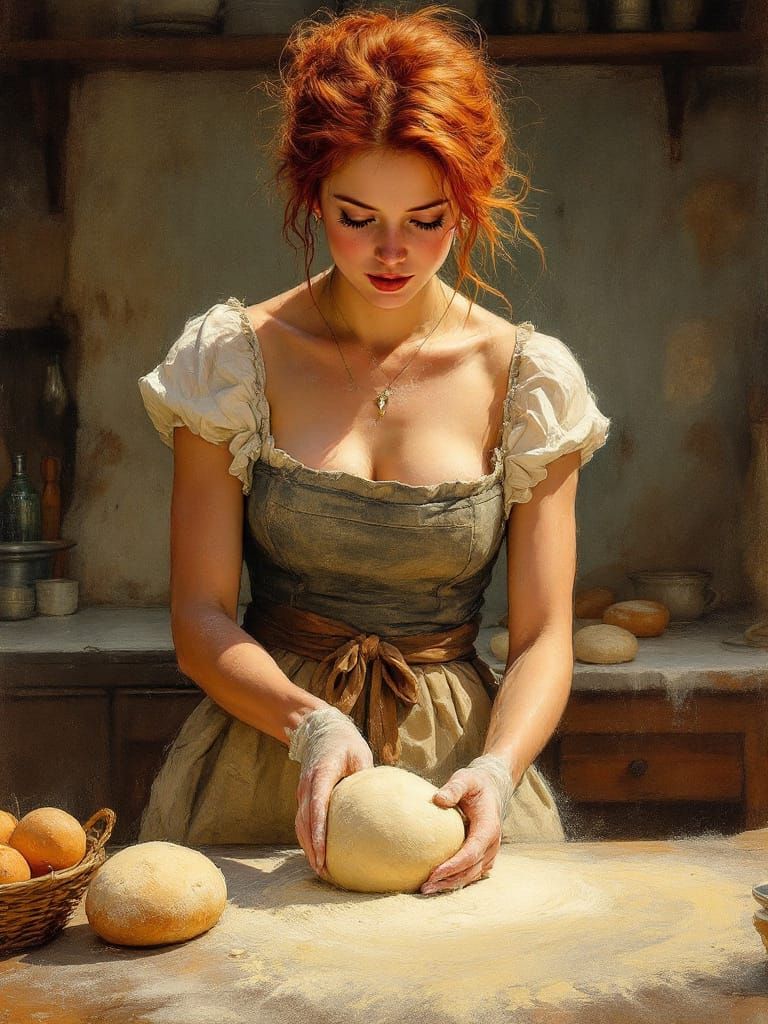 Redhead Baker Kneading Dough in Sun-Drenched Kitchen