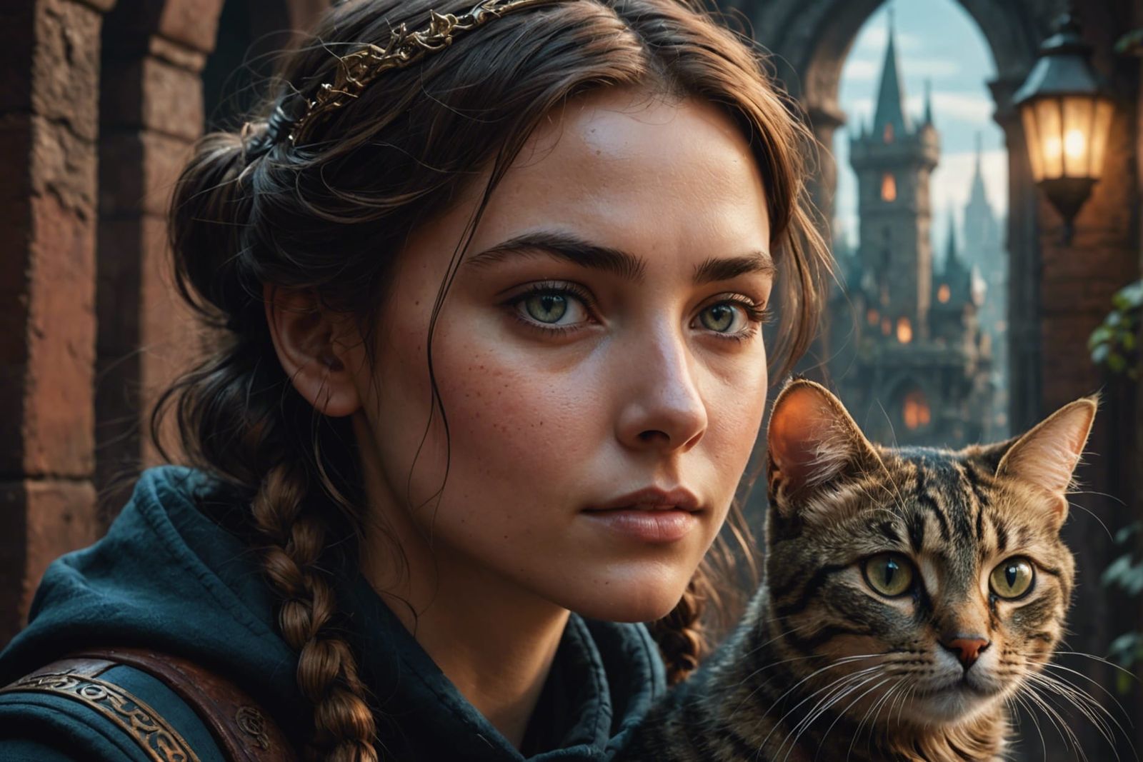 Young Woman with Cat: Detailed Matte Painting