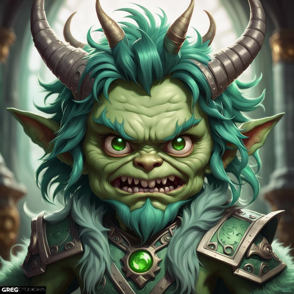 Chibi Green Monster Portrait in Hyperdetailed Style