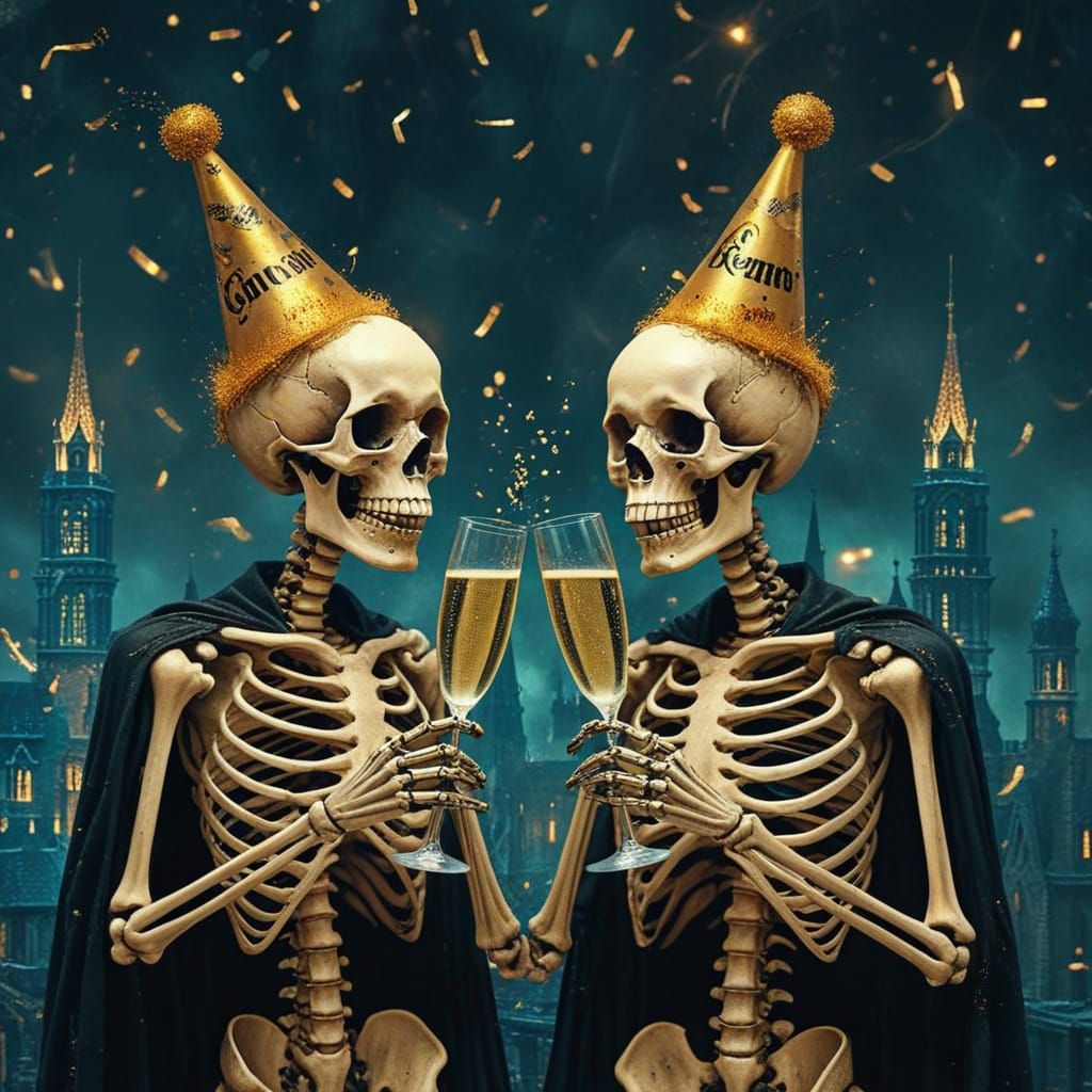 Skeletons Toasting Champagne in Surreal New Year Celebration