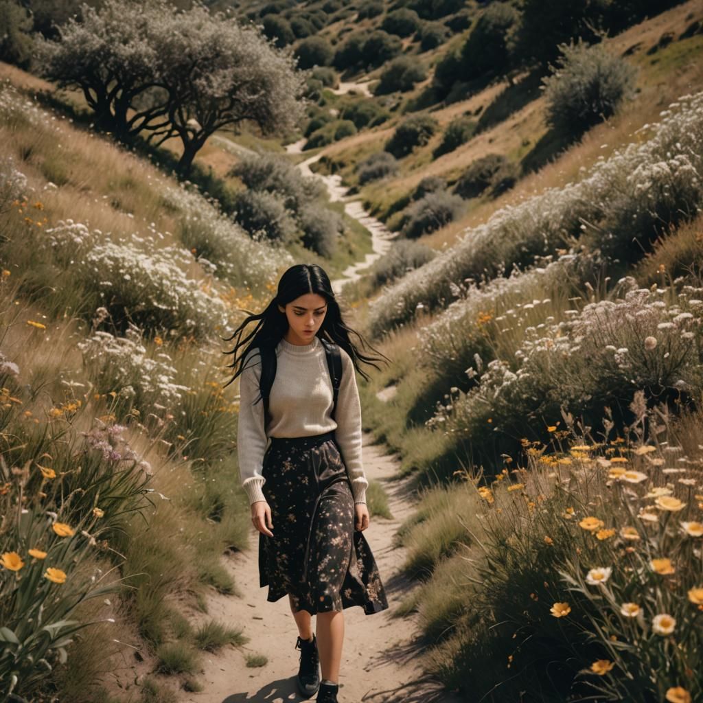 Girl Walking Through Meadow: Cinematic Film Still
