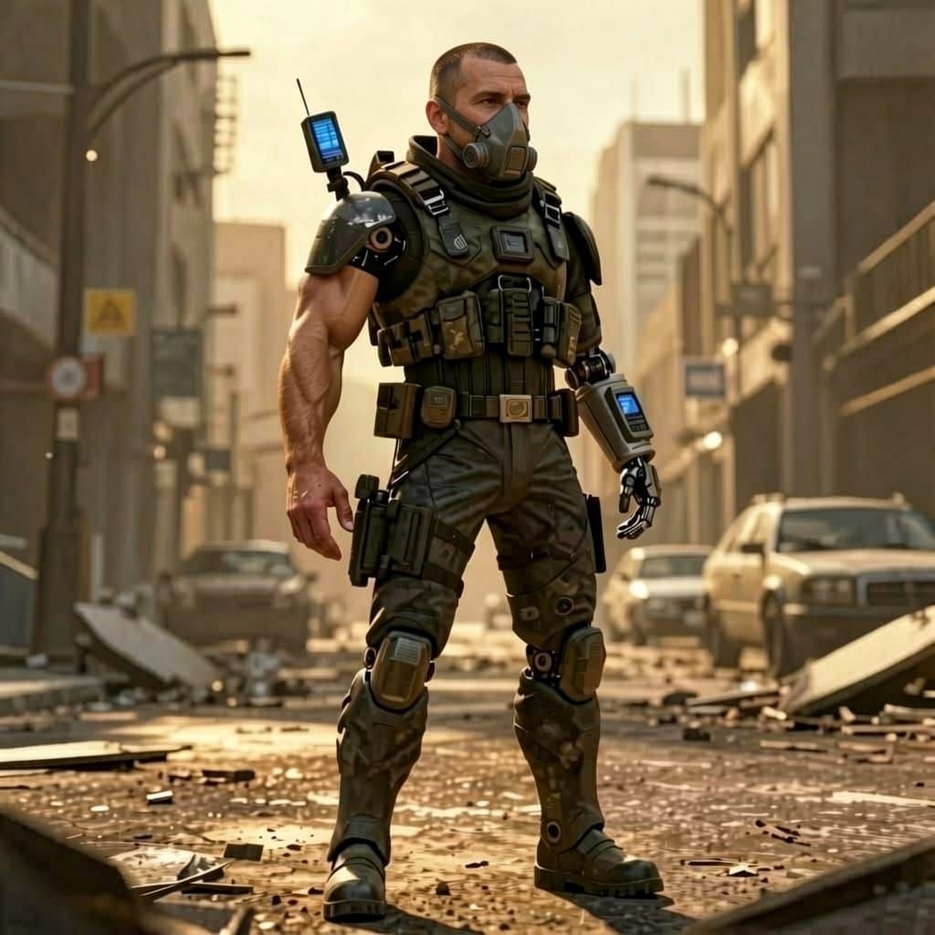 Cybernetic Soldier in War Zone with Futuristic Gear