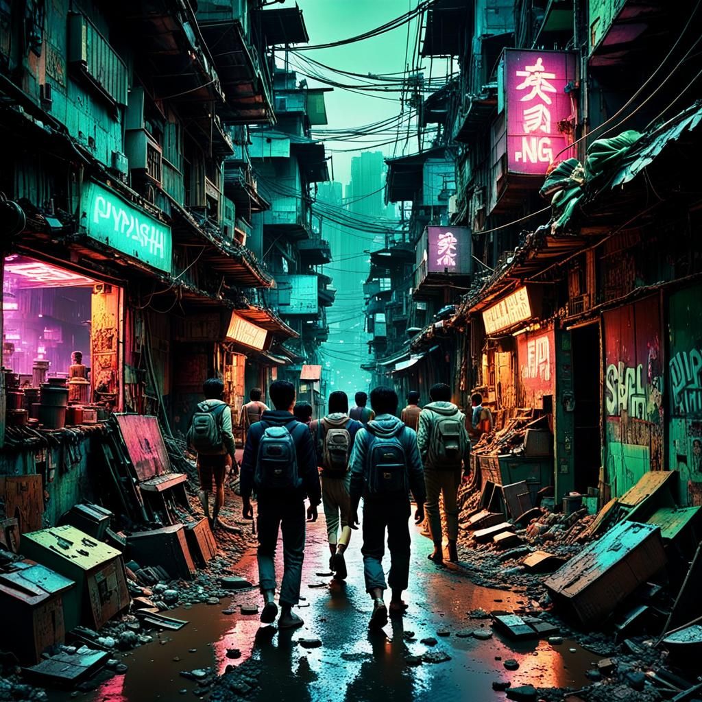 Cyberpunk Alley Scene with Neon and Warm Reflections