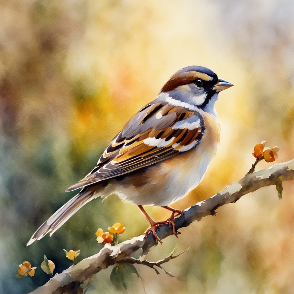 Sparrow Perched on Branch in Watercolour Style