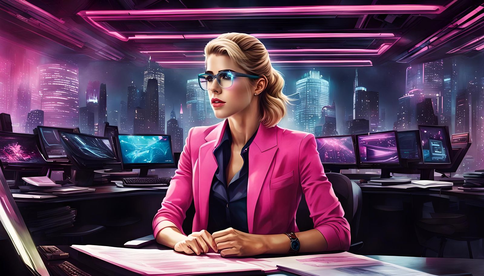 Cyberpunk Secretary Assistant in Dark Corporate Setting