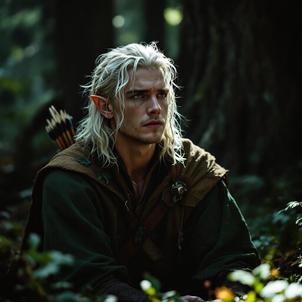 Legolas in Forest: Gritty Cinematic Portrait