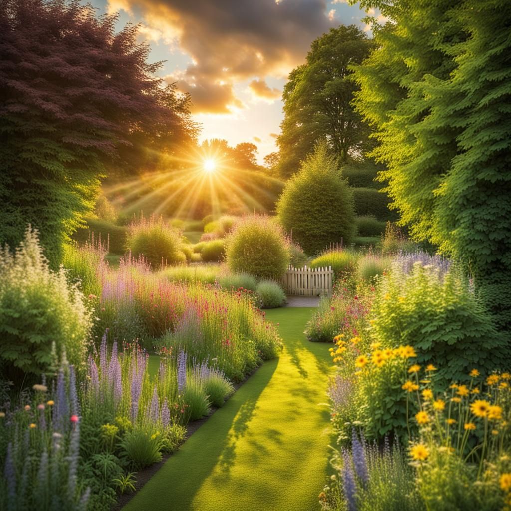 English Secret Garden at Summer Sunset