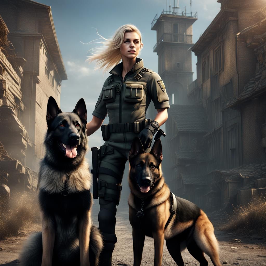 Female Marine with German Shepherd and Malinois