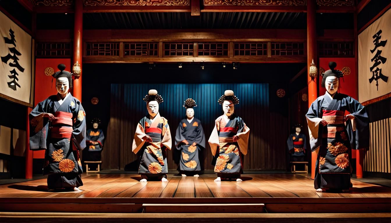 Spooky Japanese Noh Play Stage in Hyperrealistic Detail