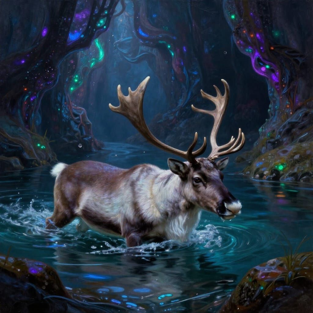 Reindeer Swim Dark Fantasy River with Bioluminescent Rocks