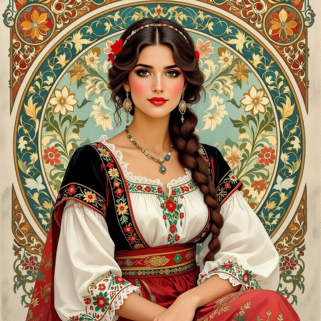 Woman in Albanian Dress, Alphonse Mucha Style