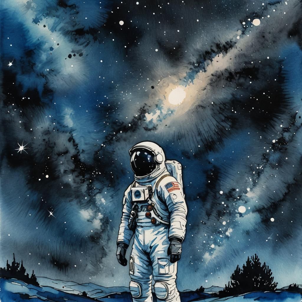 Astronaut Gazing at Starry Night Sky as Ink Painting