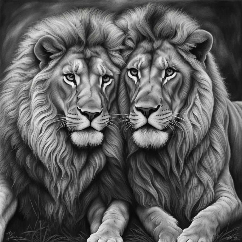 Hyperdetailed Charcoal Drawing of Lions