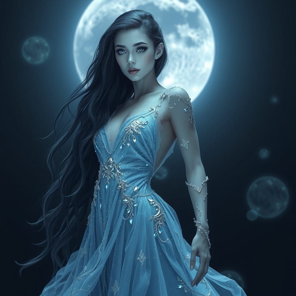 Ethereal Silver Blue Moon Goddess They have long dark blue h...