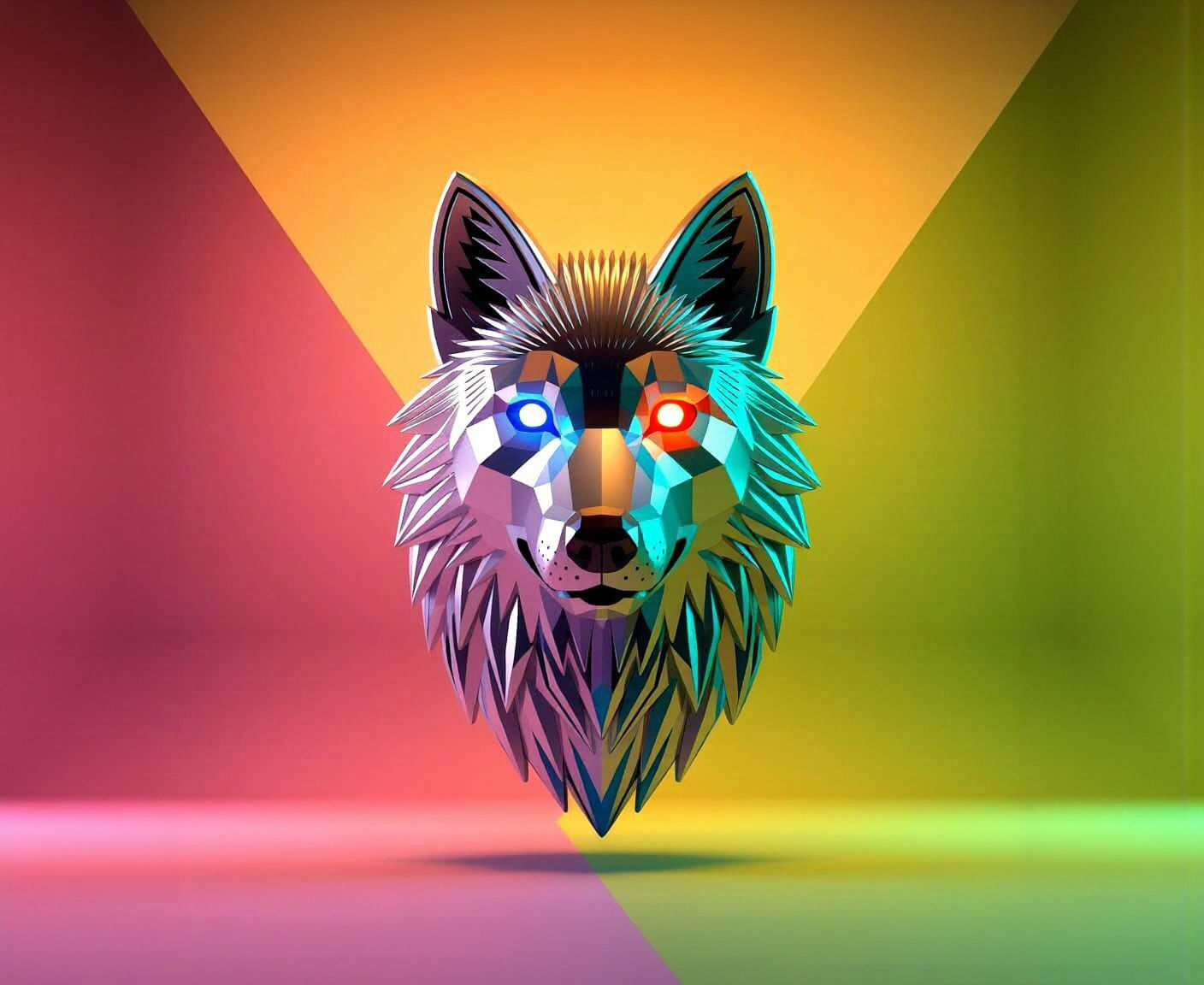 Cyberpunk Wolf's Head with Neon Eyes and Bauhaus Design
