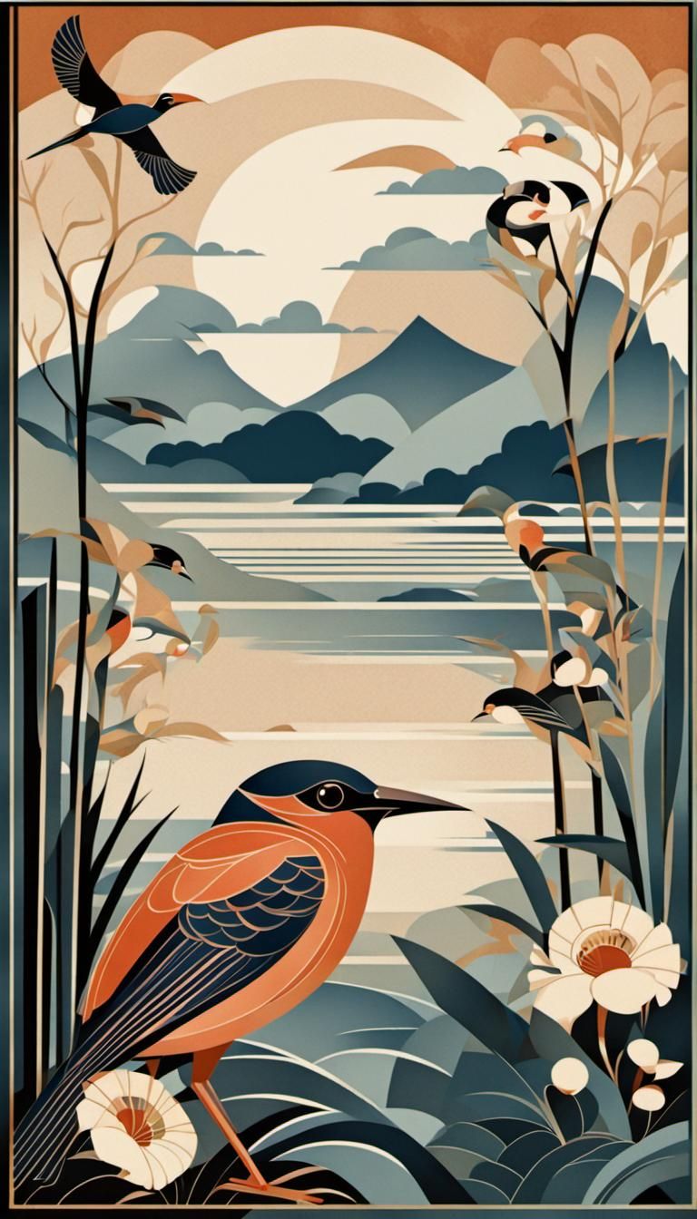 Art Deco Birds Lakeside Landscape