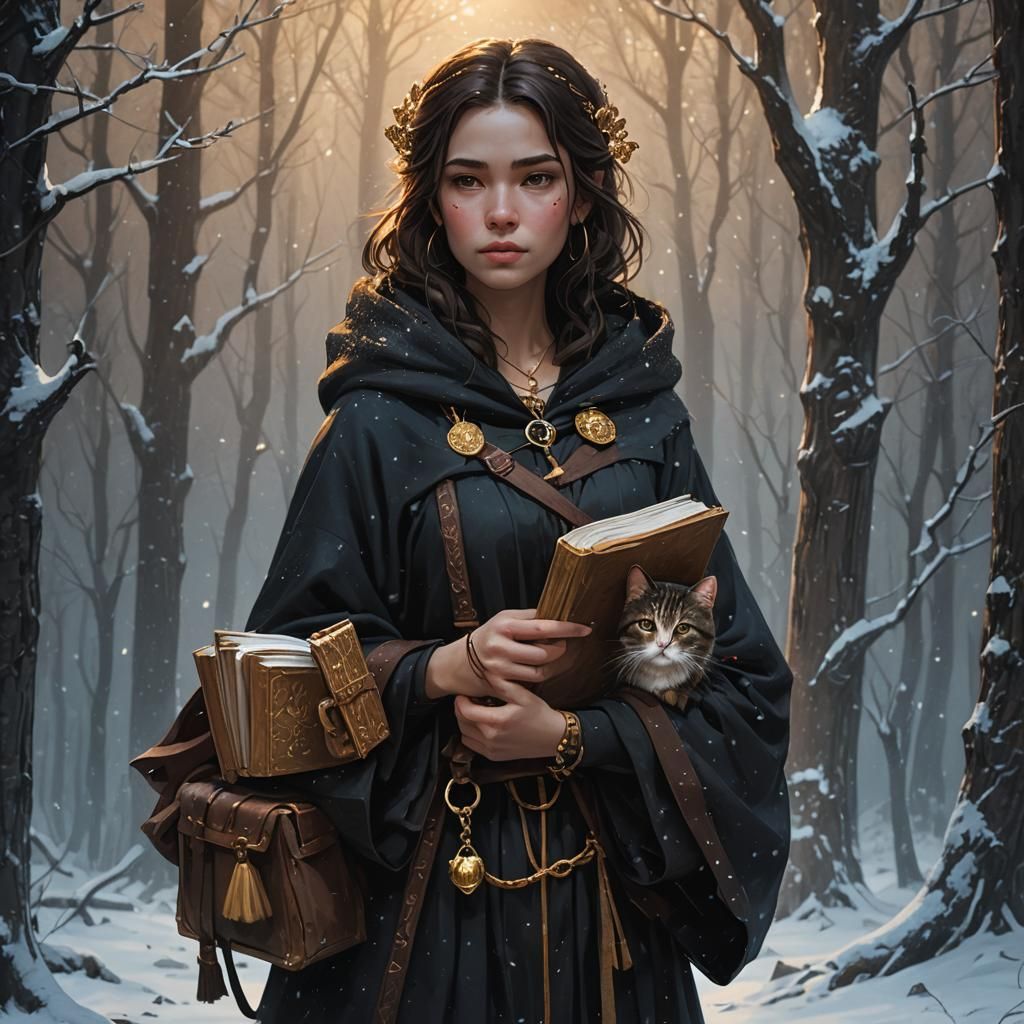 Dark Fantasy Girl with Cat in Snowy Forest