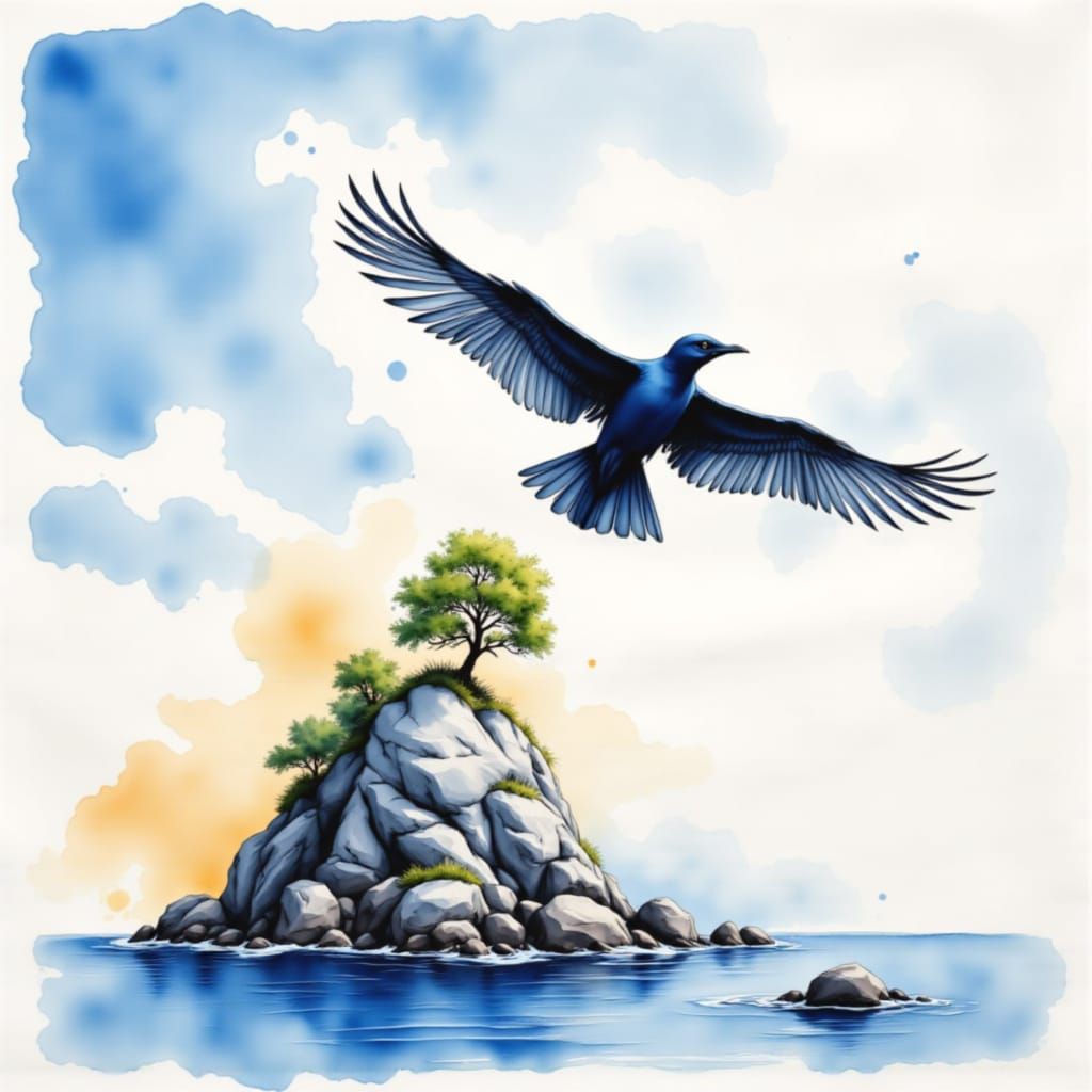 Frigatebird Soaring Over Rock in Oceanic Palette