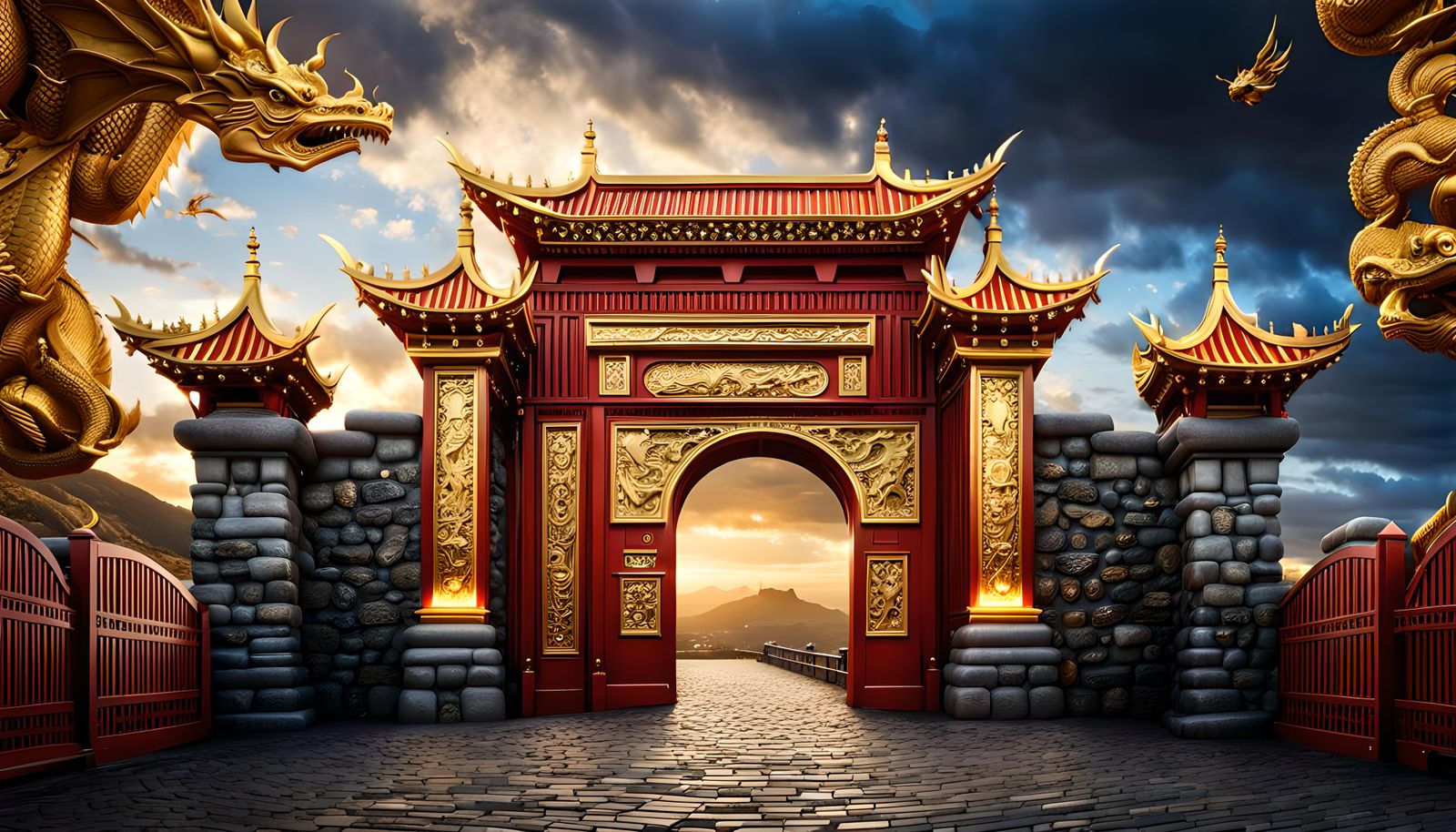 Jeweled Dragon Gate to Castle: Hyperrealistic HDR Image