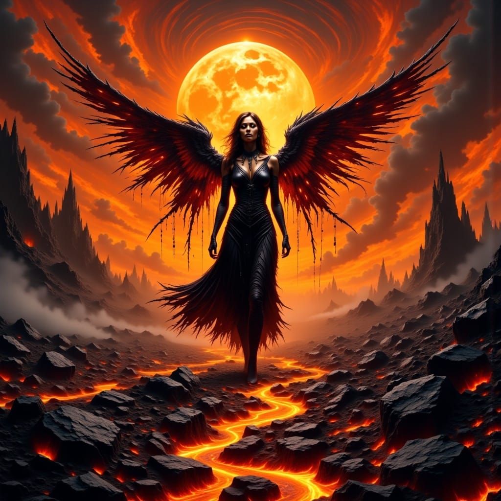Dark Angel Descends Upon Scorched Lava Landscapes in Cyberpu...