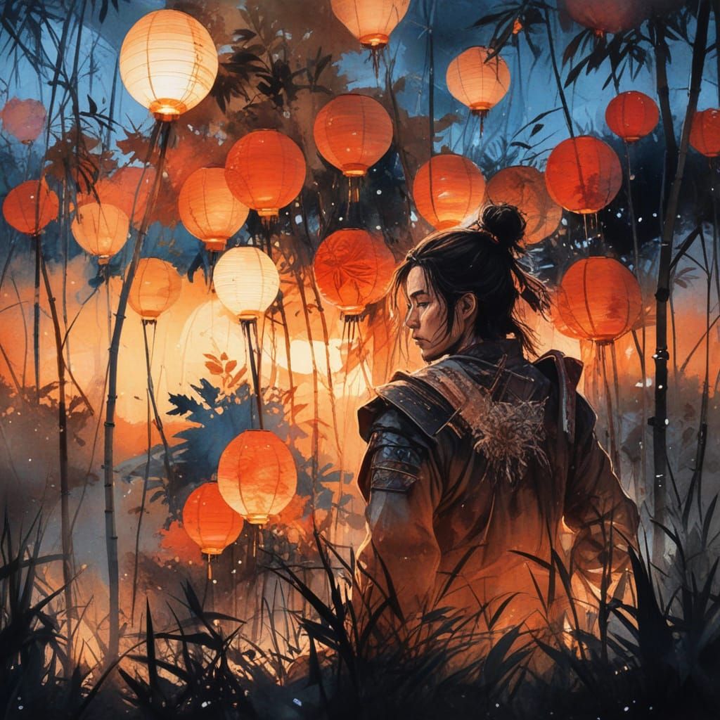 Surreal Samurai Amidst Whirling Mist and Lanterns