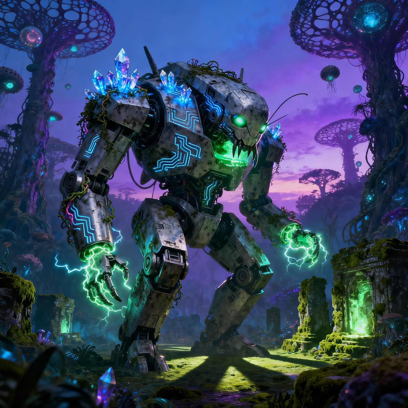 Ancient Automaton in Bioluminescent Alien Jungle