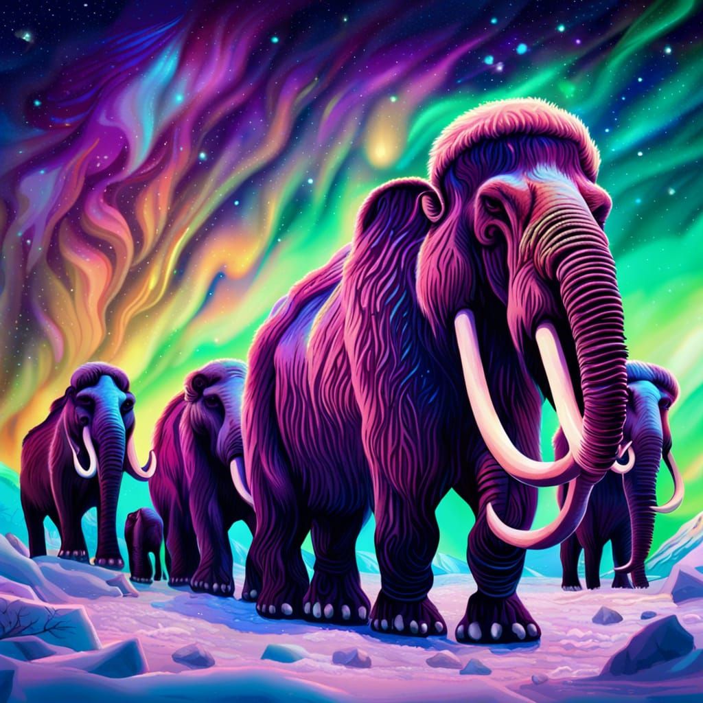 Woolly Mammoths Under the Aurora Borealis